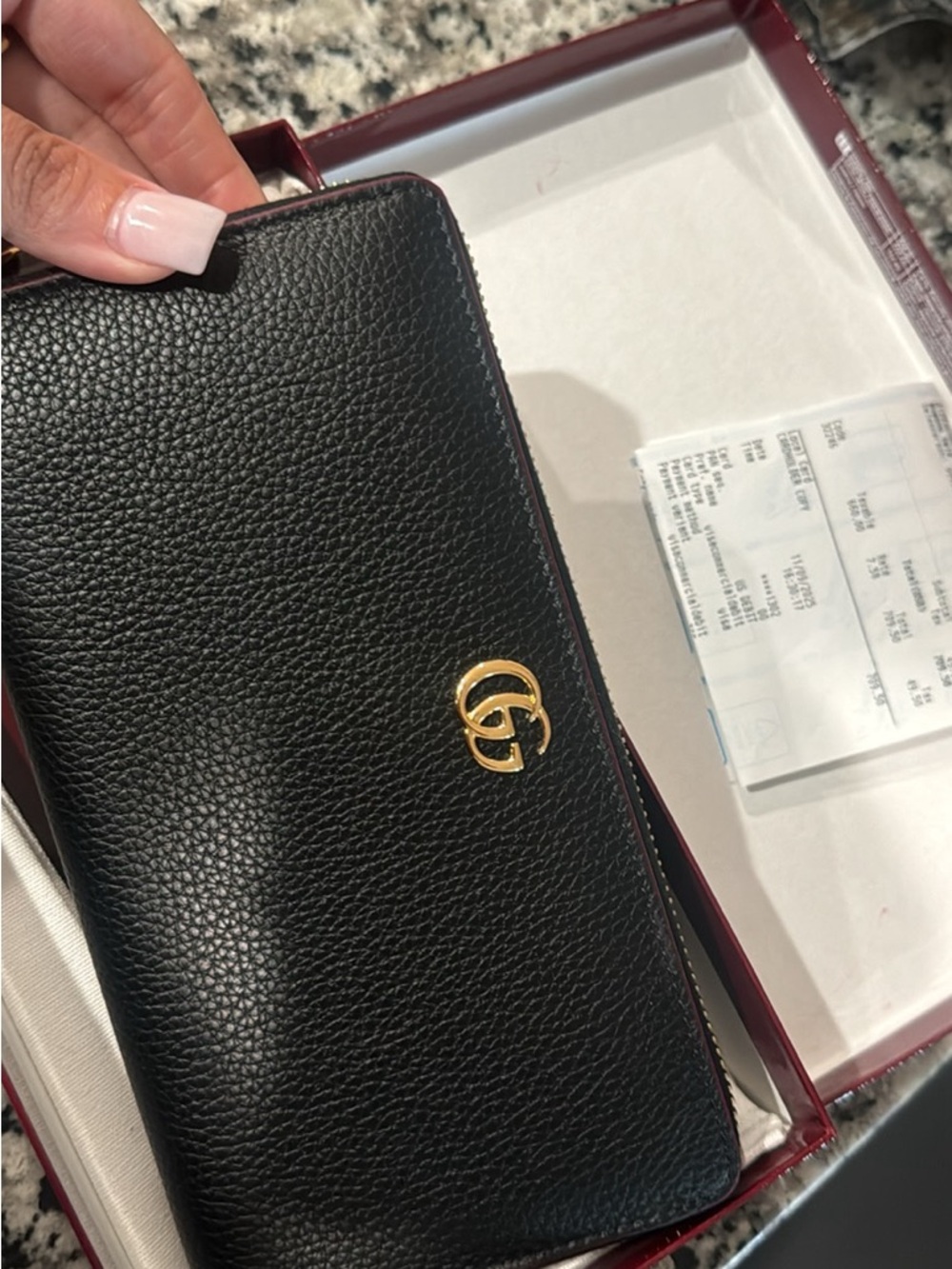 Gucci Black Pebbled Leather Zip Wallet with Gold Double G